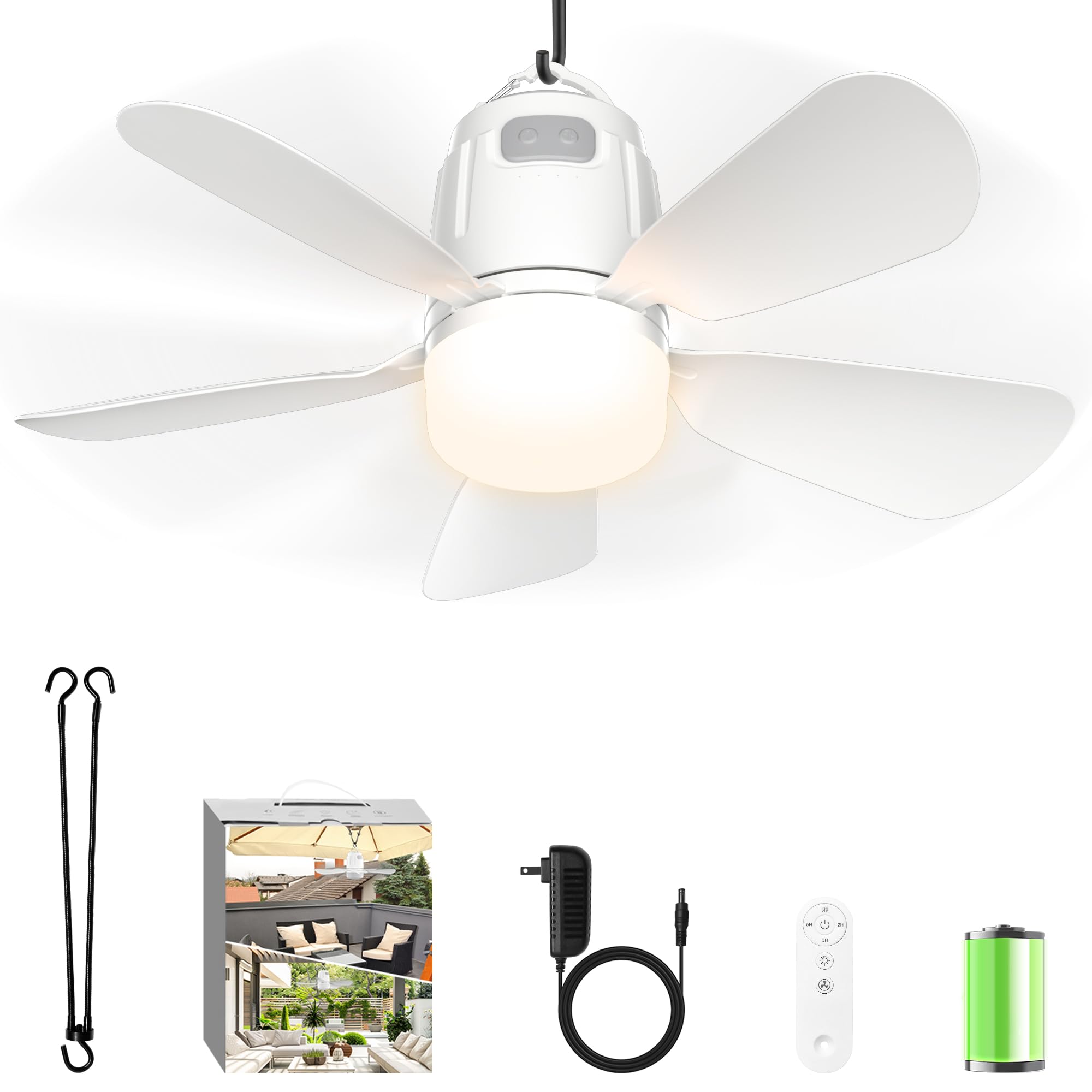 Canopy Fan 20'', 20000mAh Portable Outdoor Ceiling Fan with Light with Remote Control and Extension Hook, Easy Operation Battery Powered Fan Light for Gazebo, Tent , Patio, Camping (White, 20'')