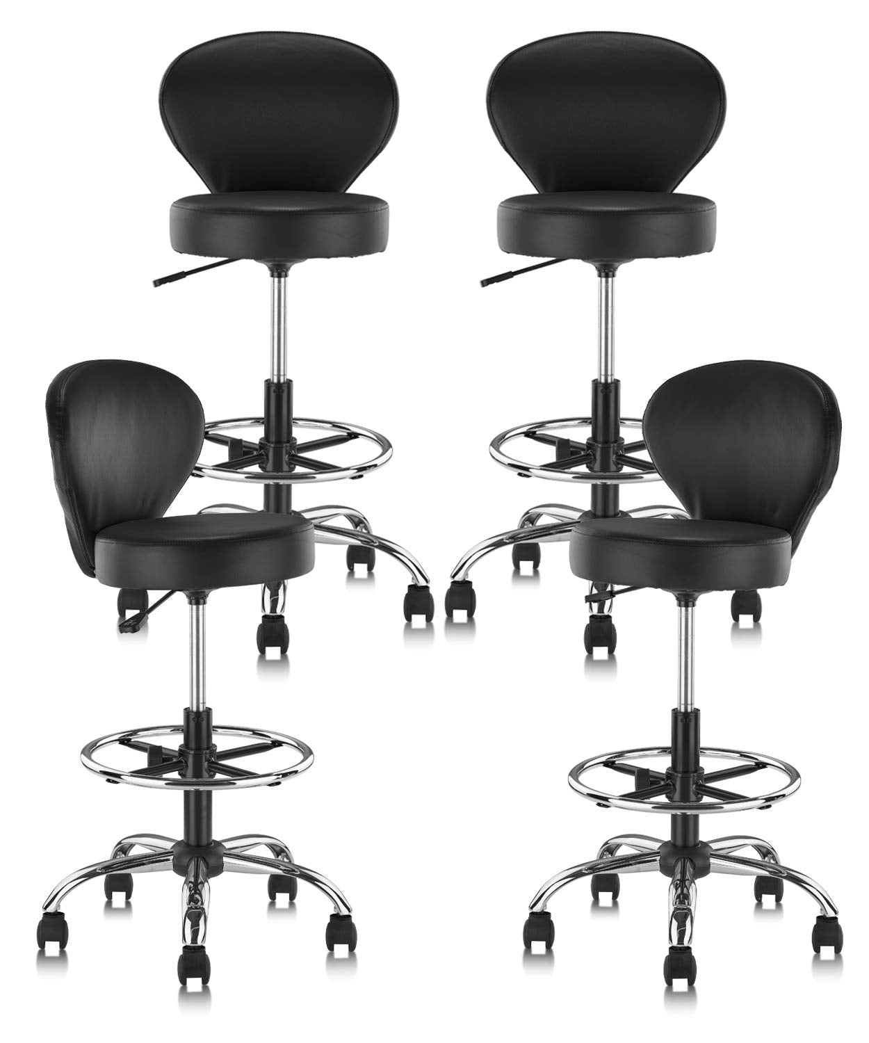 Klasika Pvc Faux Leather Drafting Chair Set of 4 Rolling Swivel Salon Stool with Back Foot Rest Adjustable Hydraulic Seat Height 30 Inch