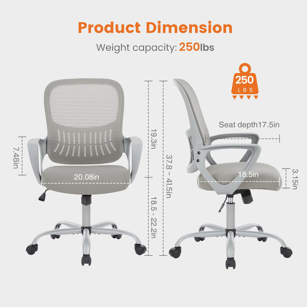 Sweetcrispy Executive Home Office Chair, Mesh Office Chair, Grey, 18.5"D&Fixed Arm-Plus