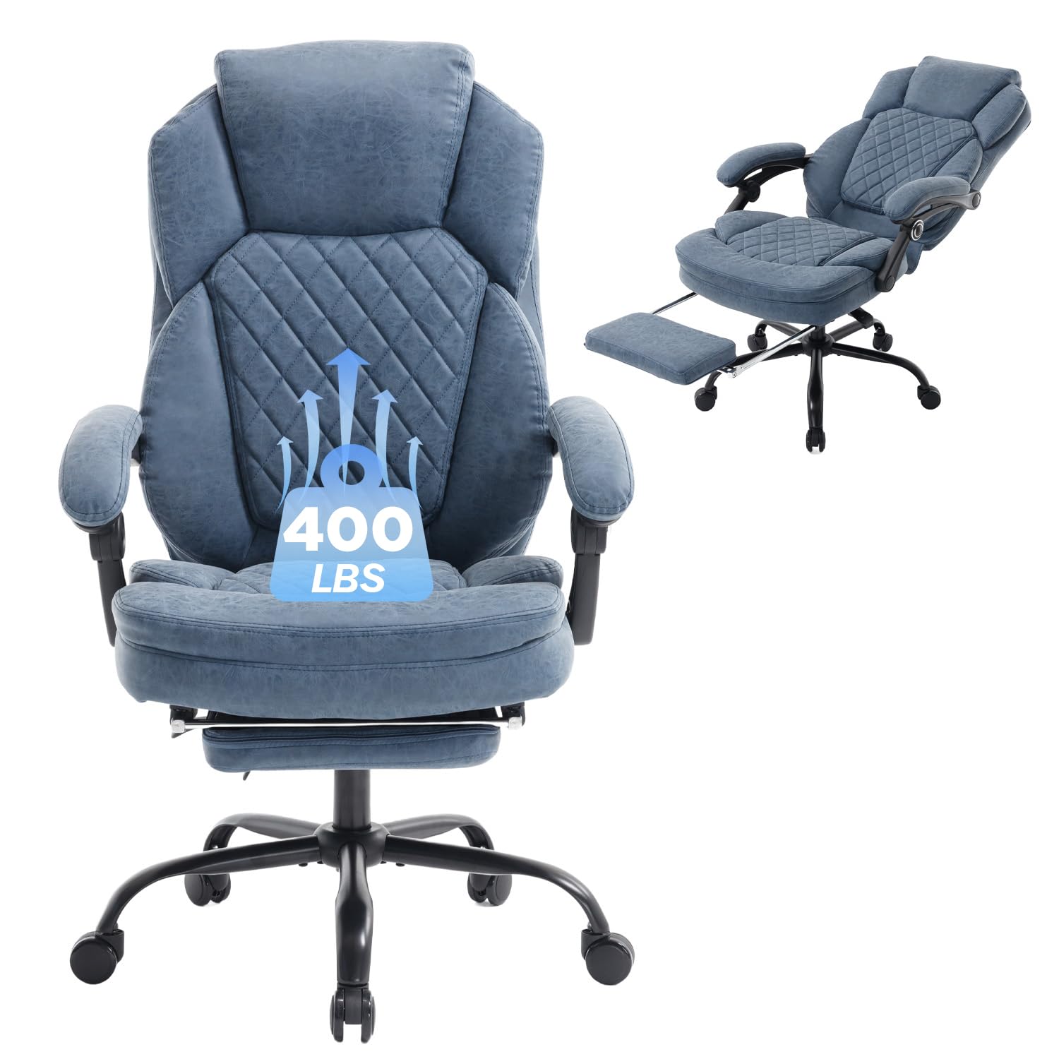 Linting Plus Size Leather Reclining Office Desk Chair with Footrest Blue, Large(400lbs)