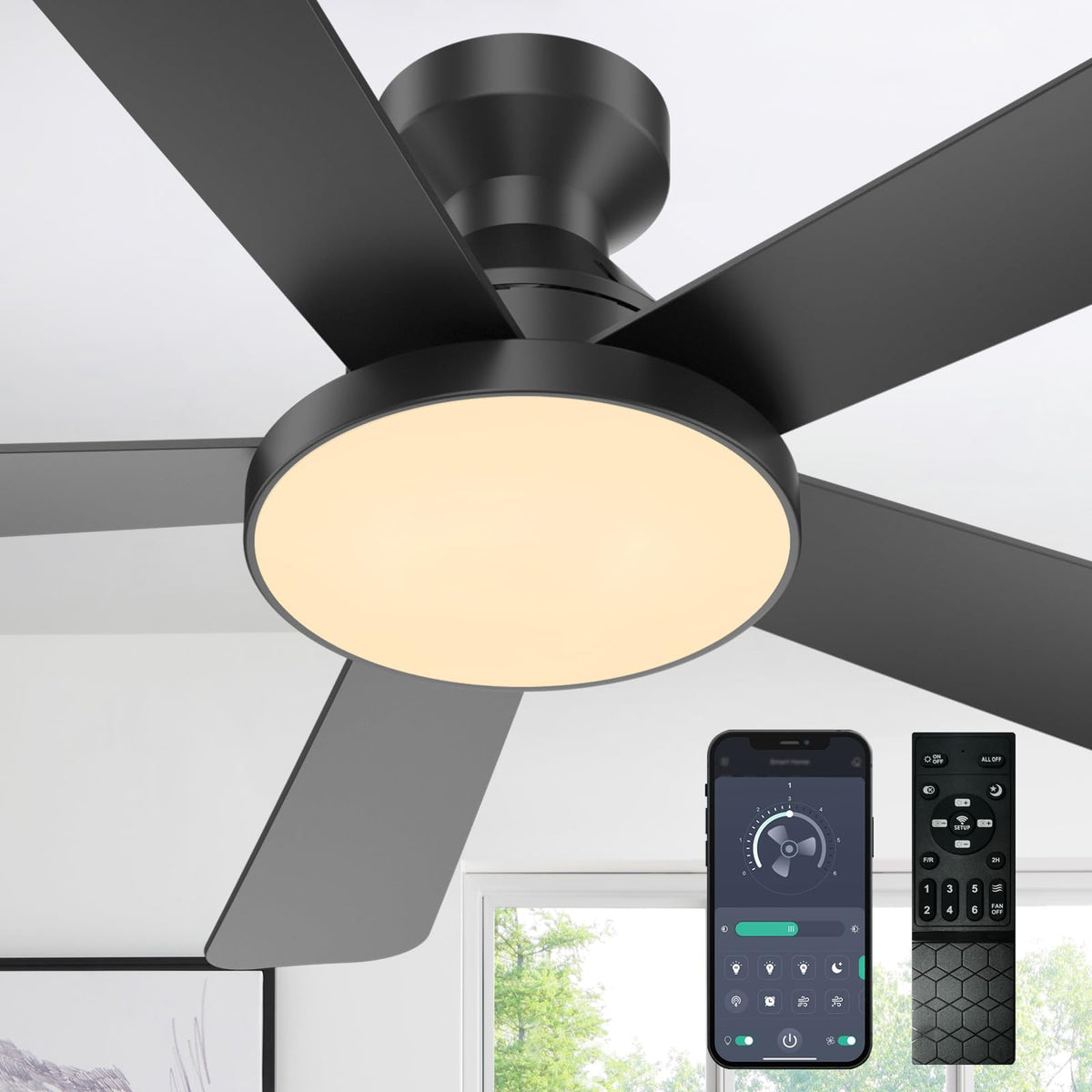 Ceiling Fans with Lights, 46" Low Profile Ceiling Fan with Light, Remote/App Control, Flush Mount Black Ceiling Fan for Bedroom, Indoor/Outdoor