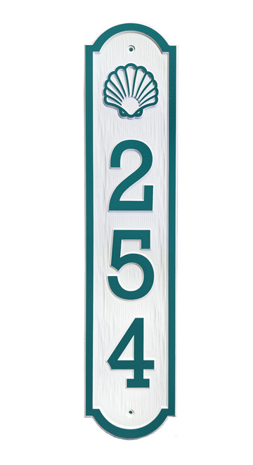 Vertical House number sign - Carved and textured background, street number, Outdoor, Weatherproof, Durable, Beach, Coastal, Mailbox, post, column Shell design