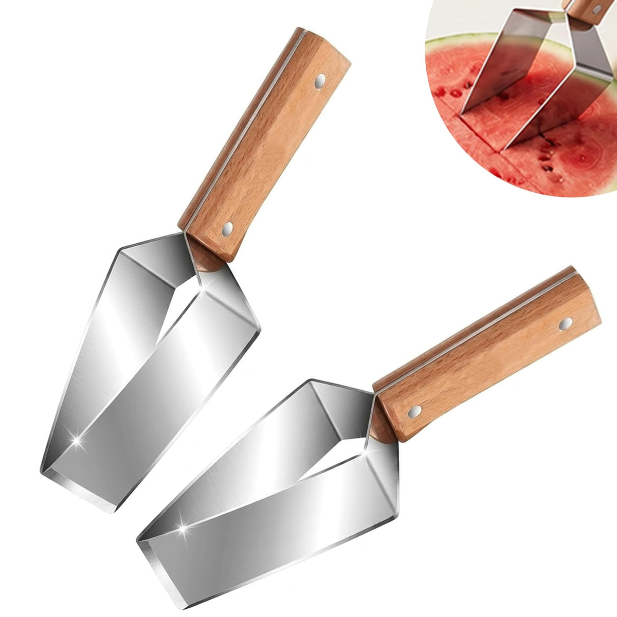 Stainless Steel Watermelon Slicer Cutter, Triangle Fruit Cube Cutter with Wooden Handle, Easy Slice Tool for Watermelon, Melon, Apple & More (2 Pack)