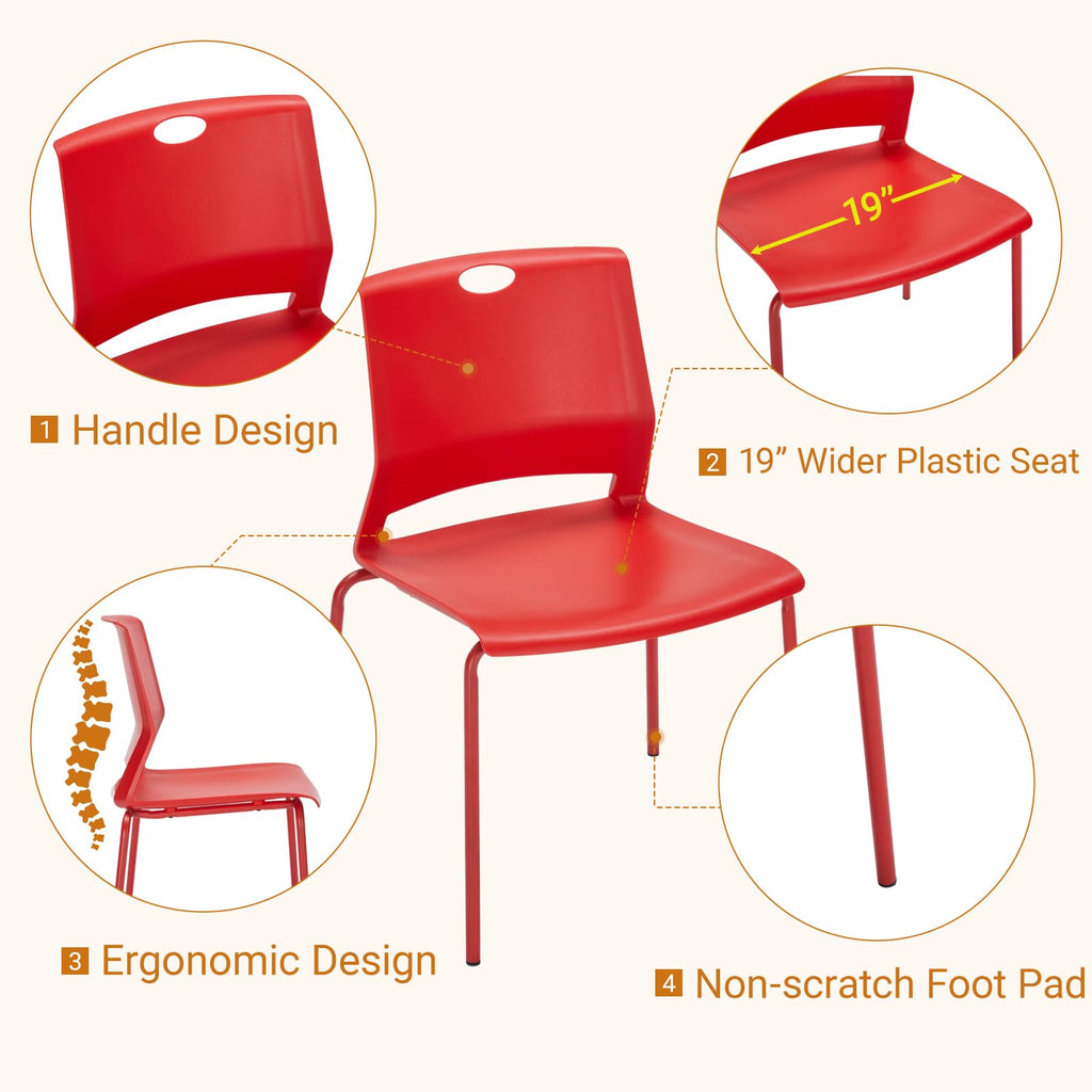 Sidanli Stackable Office Chairs, Red Guest Chairs with Comfortable Streamline Seat, Stacking Chairs No Wheels for Conference Room, Set of 4