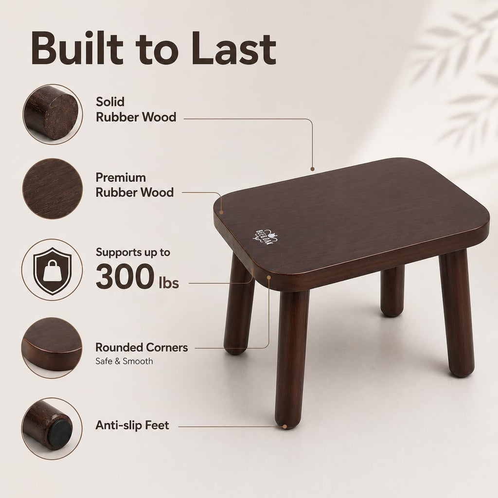 Bee&oak 13.4 Inch Heavy Duty Wooden Step Stools for Adults - Non Slip, 300 Lbs Capacity, Easy Assembly - Ideal Step Stool for High Beds,