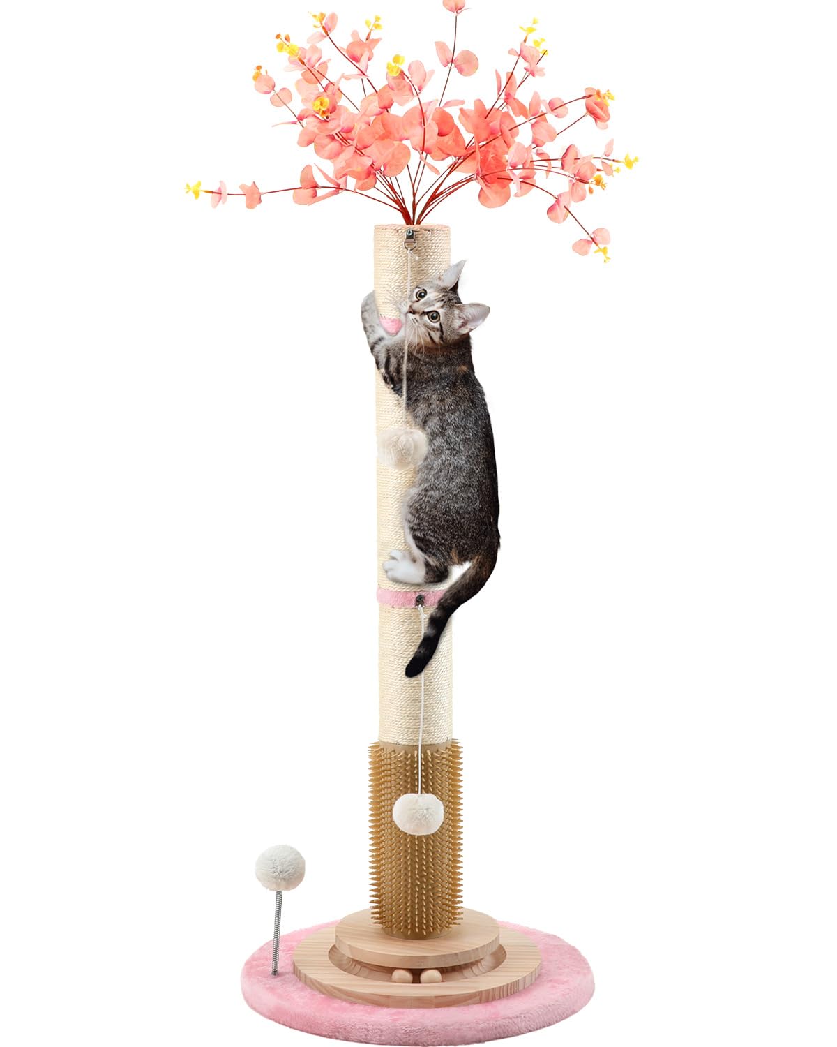 45'' Tall Cat Scratching Post,Heavy Duty for Indoor Large Cats 3.5Inch Diameter Natural Sisal Rope Post,Stable Real Wood Base,Artificial Plant Design Scratcher with Interactive Ball Toy for Home Decor