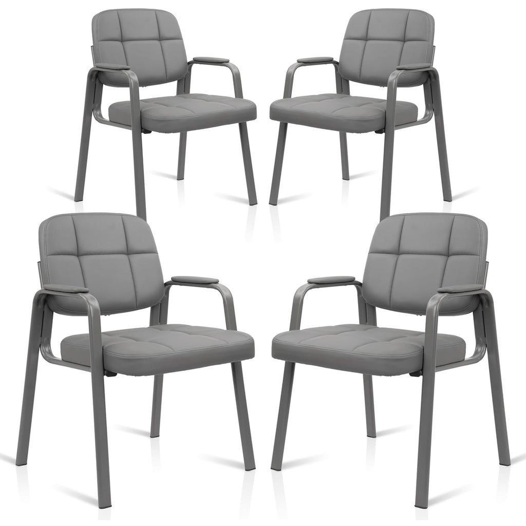 Clatina Leather Guest Chairs Set of 4, Desk Chair No Wheels, Office Reception with Padded Arms for Office Conference Waiting Room, Grey