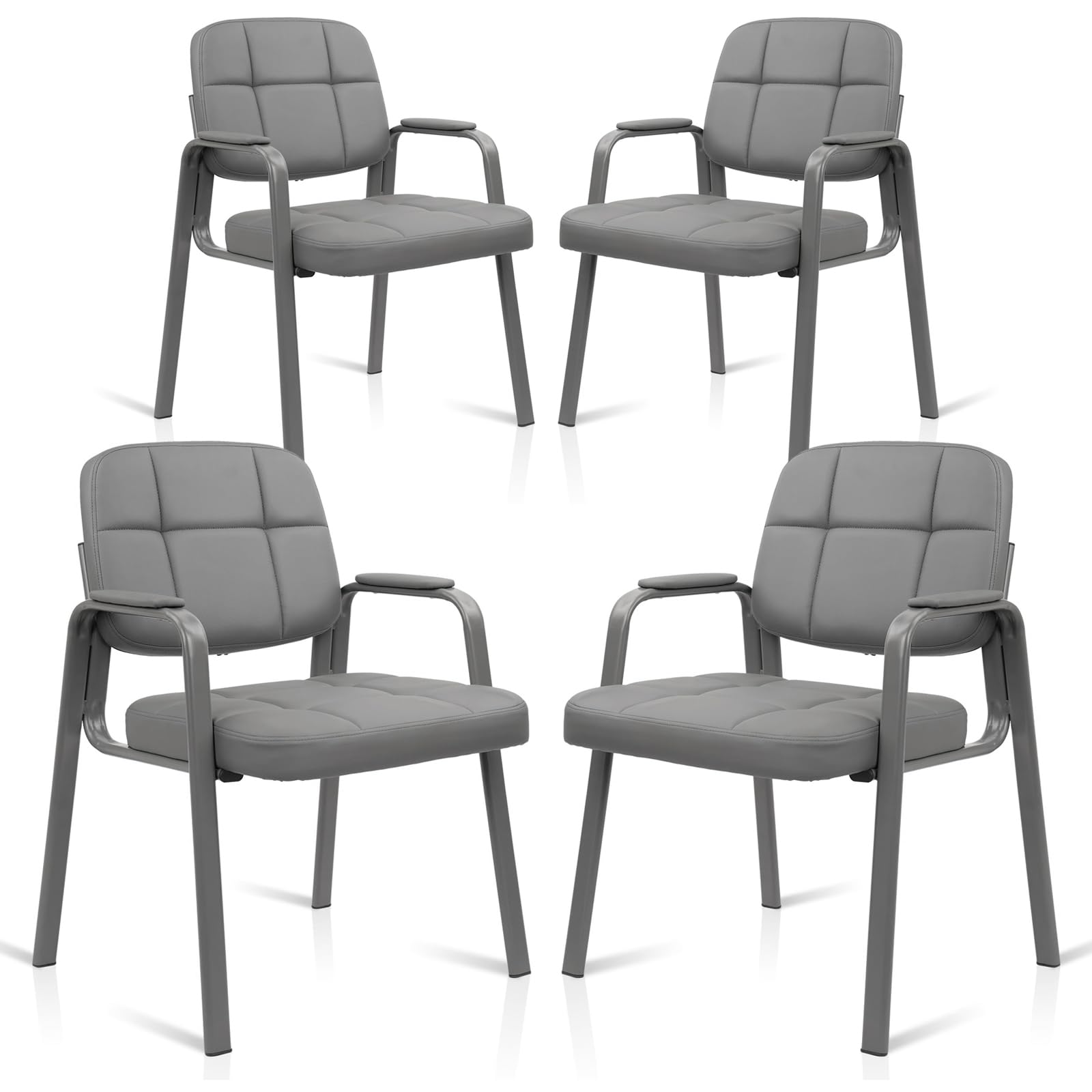 Clatina Leather Guest Chairs Set of 4, Desk Chair No Wheels, Office Reception with Padded Arms for Office Conference Waiting Room, Grey