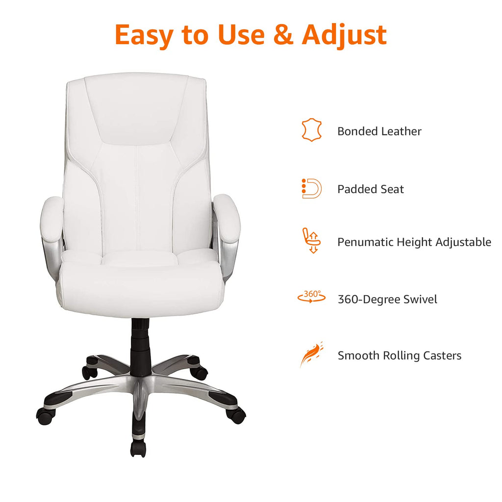 Basics Executive High Back Office Desk Chair, Adjustable Height, Tilt, Swivel, 275lb Capacity, Bonded Leather, White/pewter