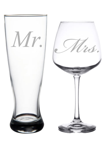 C M Mr. and Mrs. Wedding Couple Glass Set, 2 Pieces
