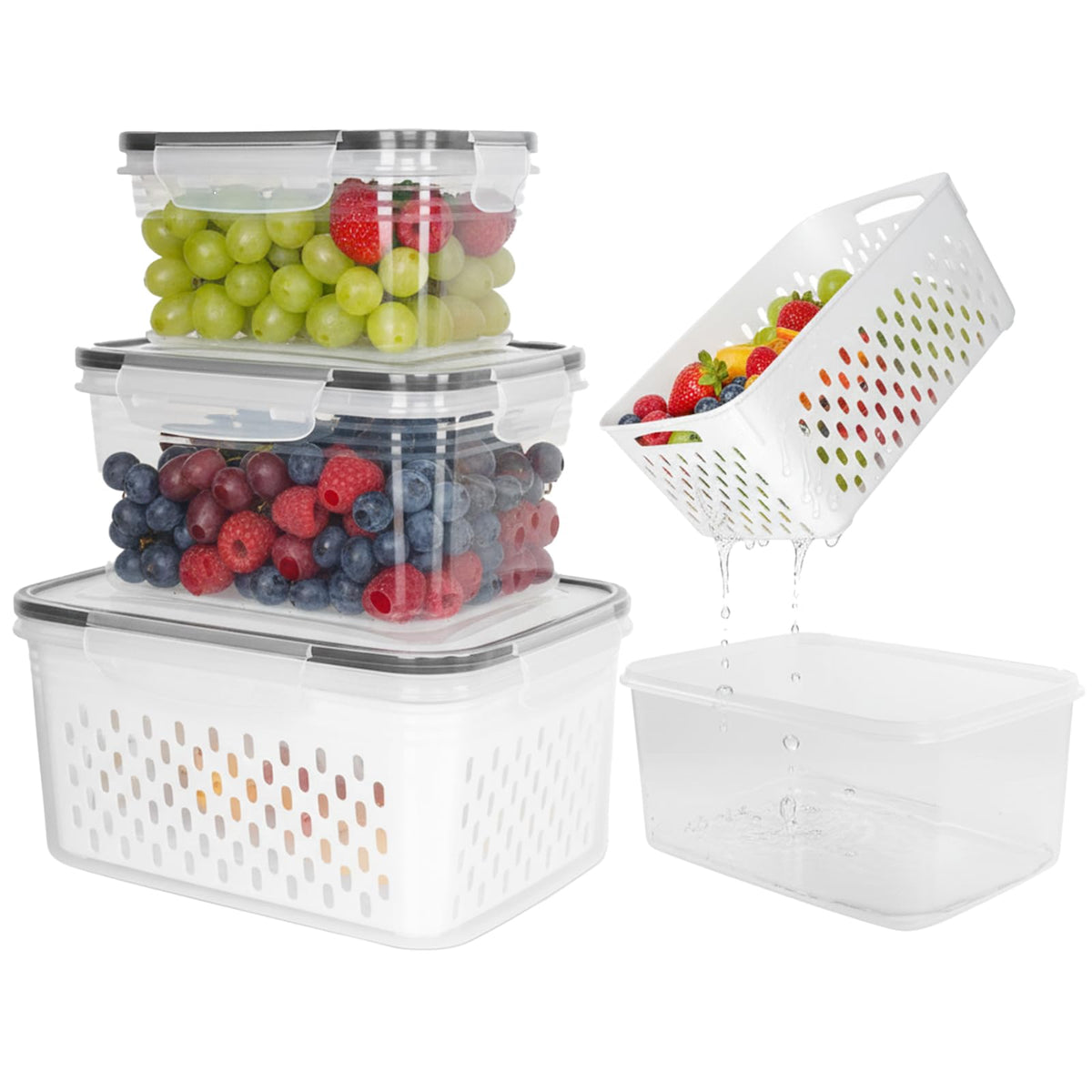 Grape Container for Fridge,3PCS(0.9Qt - 13.5Qt),Leakproof Grape Container with Removable Colander,Dishwasher & microwave safe Produce Containers,Keep Fruits, Vegetables, Meat Fresh Longer