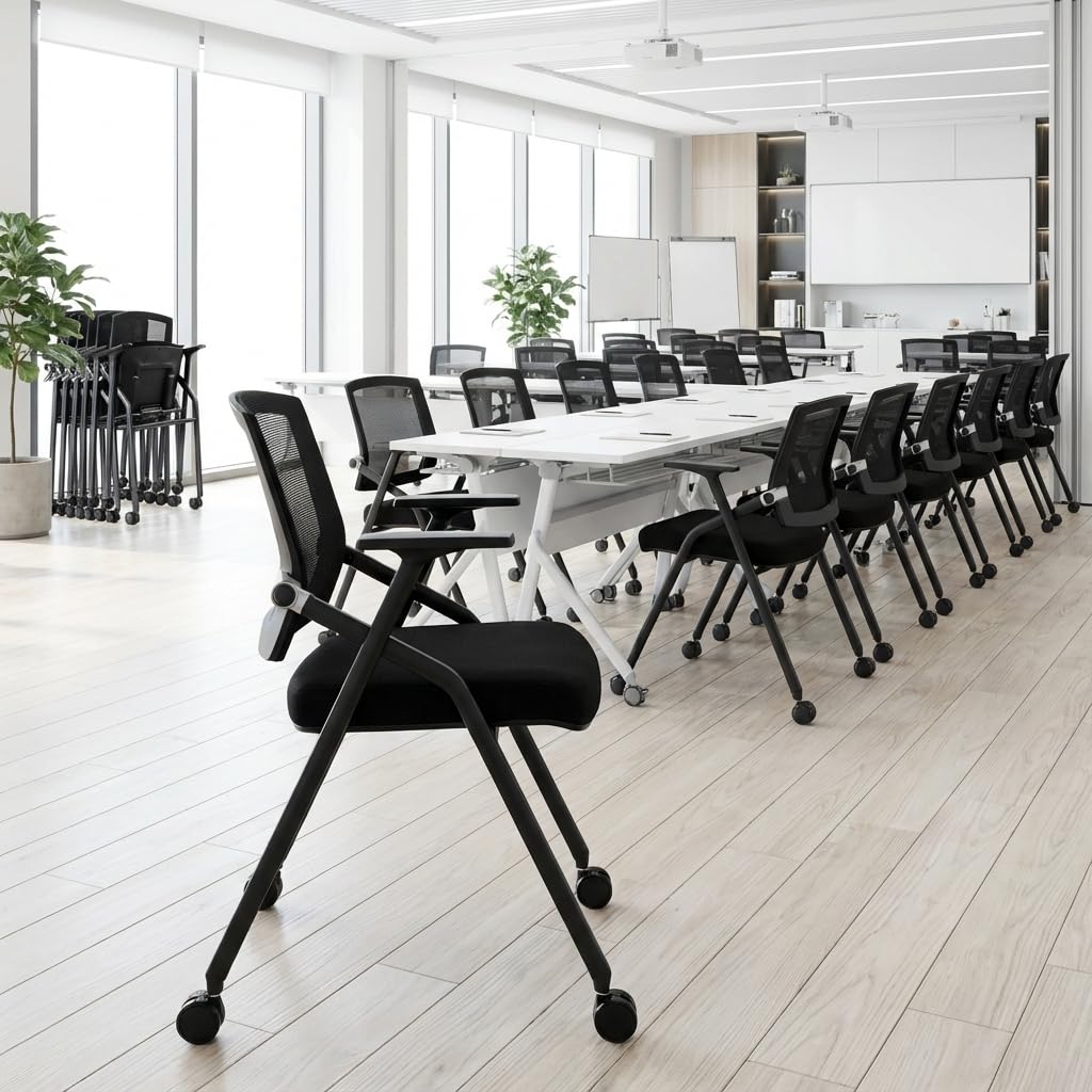 Blaneduo, 6 Pack Stackable Conference Room Chairs with Paddle Folding Office Chair Foldable Desk Chair Mesh Back and Arms for Conference