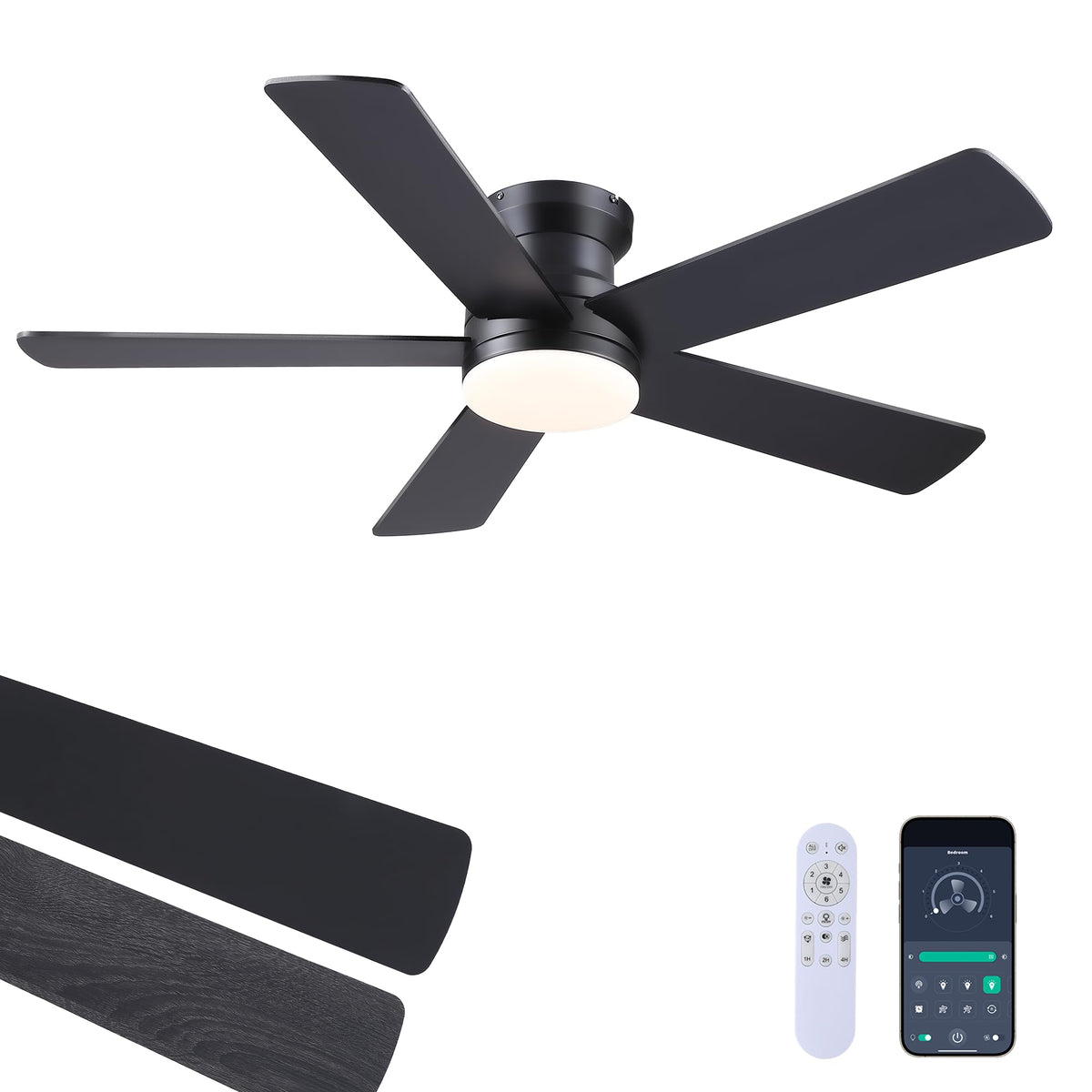 Ayaoty Ceiling Fans with Lights - 48" Black Flush Mount Ceiling Fan Light with 6 Speeds 3CCT Dimmable, Revesible Motor, Low Profile Fan Light for Modern Indoor Bedroom, Kitchen