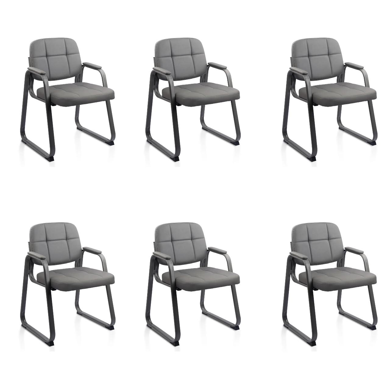 Clatina Waiting Room Guest Chair with Bonded Leather Padded Arm Rest for Office Reception and Conference Desk Black with Sled Base Grey 6 Pack