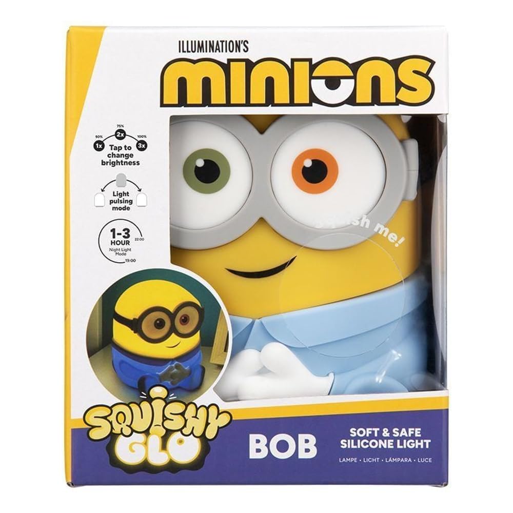 Paladone Minions Bob SquishyGlo Silicone Night Light, Officially Licensed Soft Touch Rechargeable Lamp with Auto-Off Timer for Bedrooms & Home, Kids & Adults