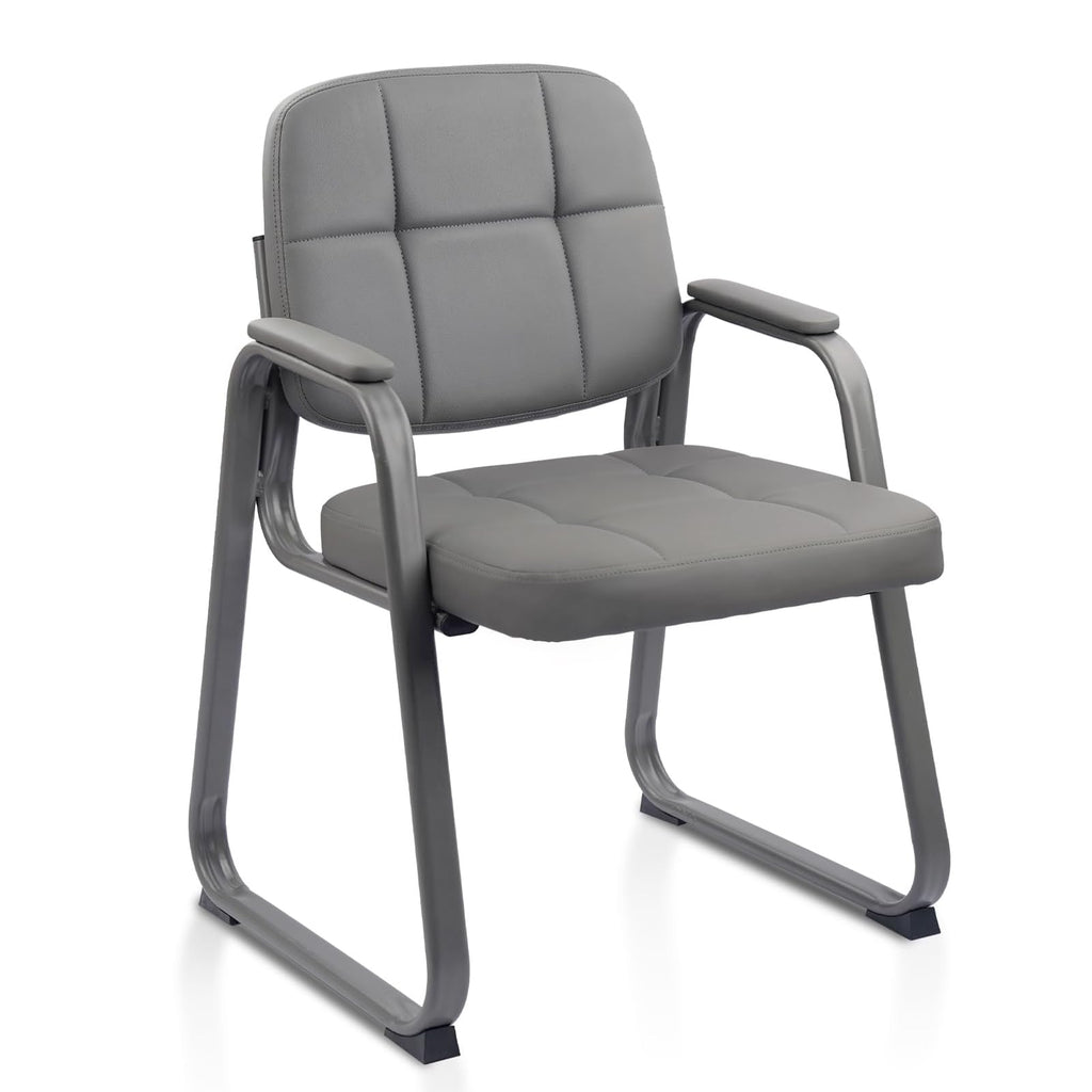 Clatina Leather Guest Chair with Sled Base, Office Reception with Padded Arms, Desk Chair for Office Conference Waiting Room School, Grey