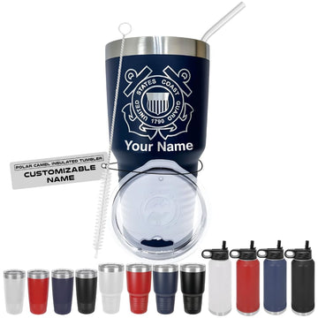 US Coast Guard Coffee Tumbler – Personalizable 20, 30 oz Tumblers & 32 oz Water Bottle – Durable Stainless Steel Cup – Vacuum Insulated Travel Mug with Lid & Straw – Red, White, Navy Blue, Black