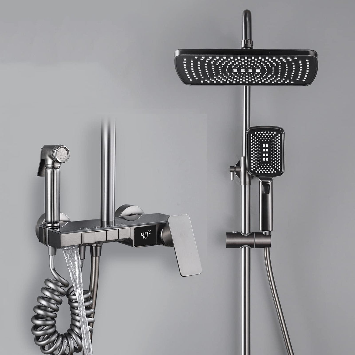 Shower Set Gray Digital Display Shower System Bathroom 4 Function Shower Fixtures with Adjustable Rain Shower Head and 3 Mode Handheld Spray Wall Mounted Brass Shower Fauce