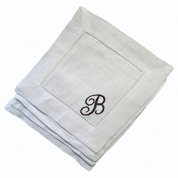 Personalized Embroidered Linen Cotton White Cocktail Napkins Cloth Hemstitch, Custom Initials Letter Name Wedding Party Kitchen Monogrammed Coasters (Set of 4)