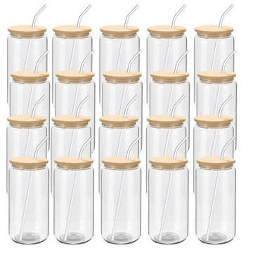 YOUKE OLA 20 Pack Glass Cups with Bamboo Lids and Glass Straw 16oz Beer Can Shaped Drinking Glasses Cups, Glass Tumbler Reusable Cute Cups for Whiskey, Iced Coffee, Tea, Soda, Cocktail, Gift, Clear
