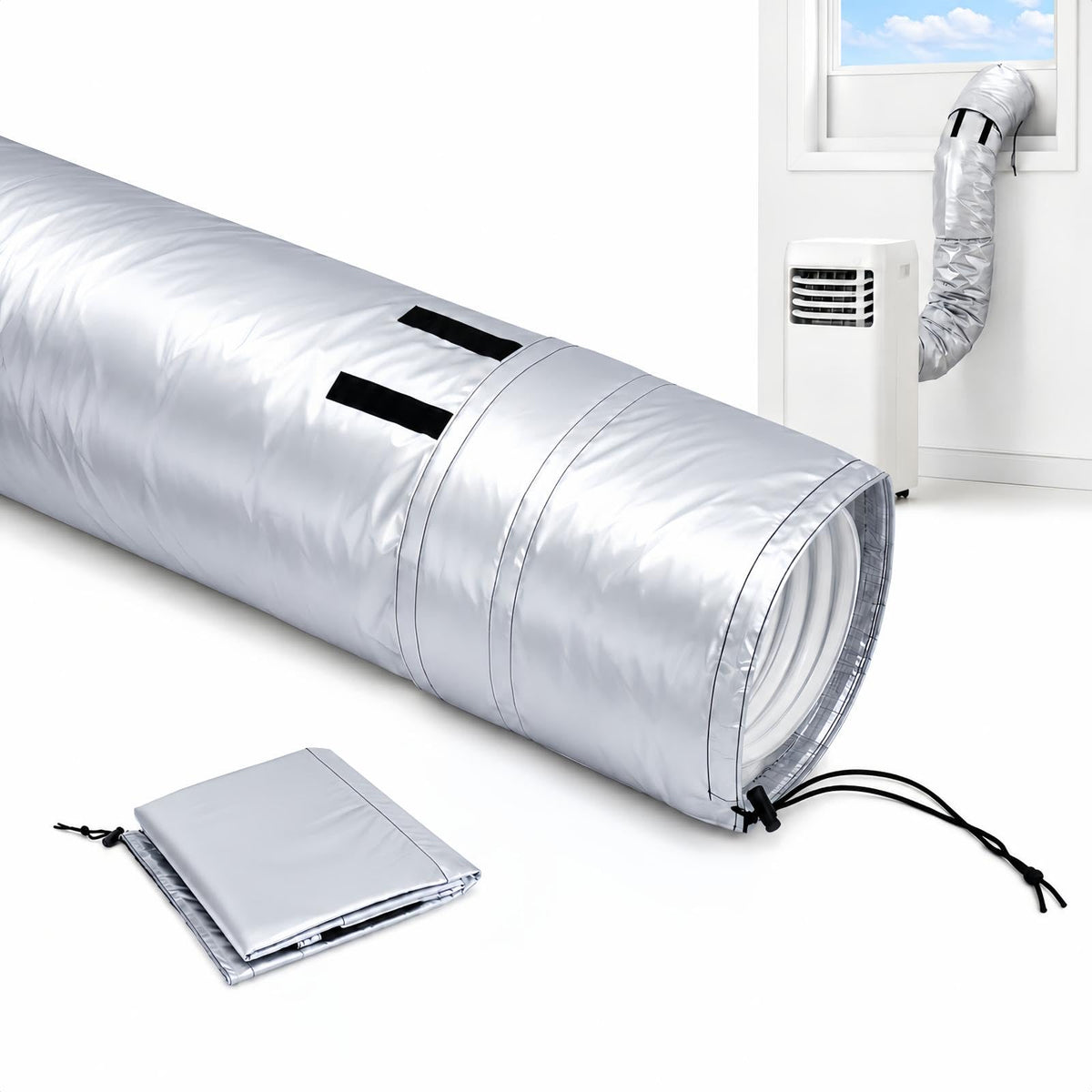 Portable AC Hose Insulation Sleeve, 4-Layer Aluminum Foil Exhaust Hose Cover Wrap for 5" & 5.9" Hose, Exhaust Wrap Adjustable Length 50.8"-59.8", Secure Elastic Drawstrings, Energy Saving, Dustproof
