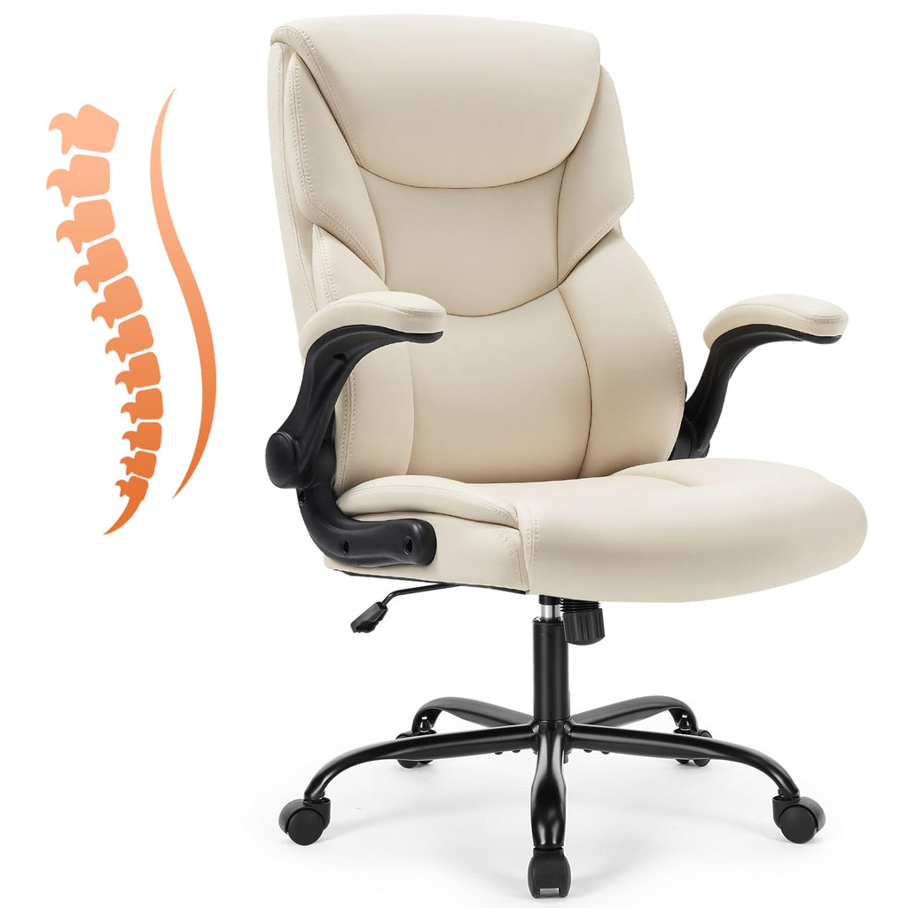 Sweetcrispy Home Office Desk Chairs, High Back Pu Leather Chair, Medium (M), Beige