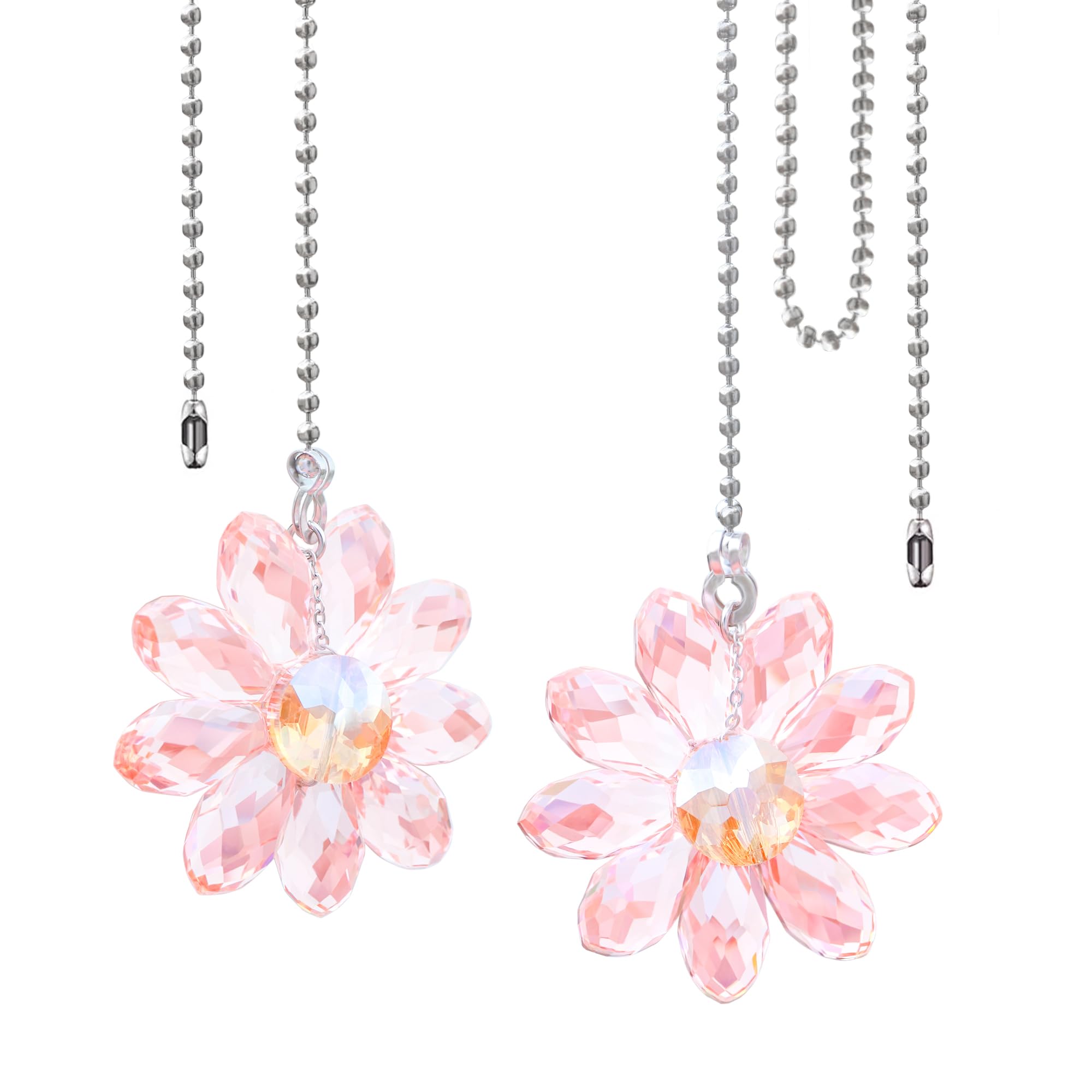 LEFERS Ceiling Fan Pull Chain, 2 Pieces 1.8" Crystal Glass Flower Pendants with 24" Ceiling Fan Chain Extender and Connector (Pink)