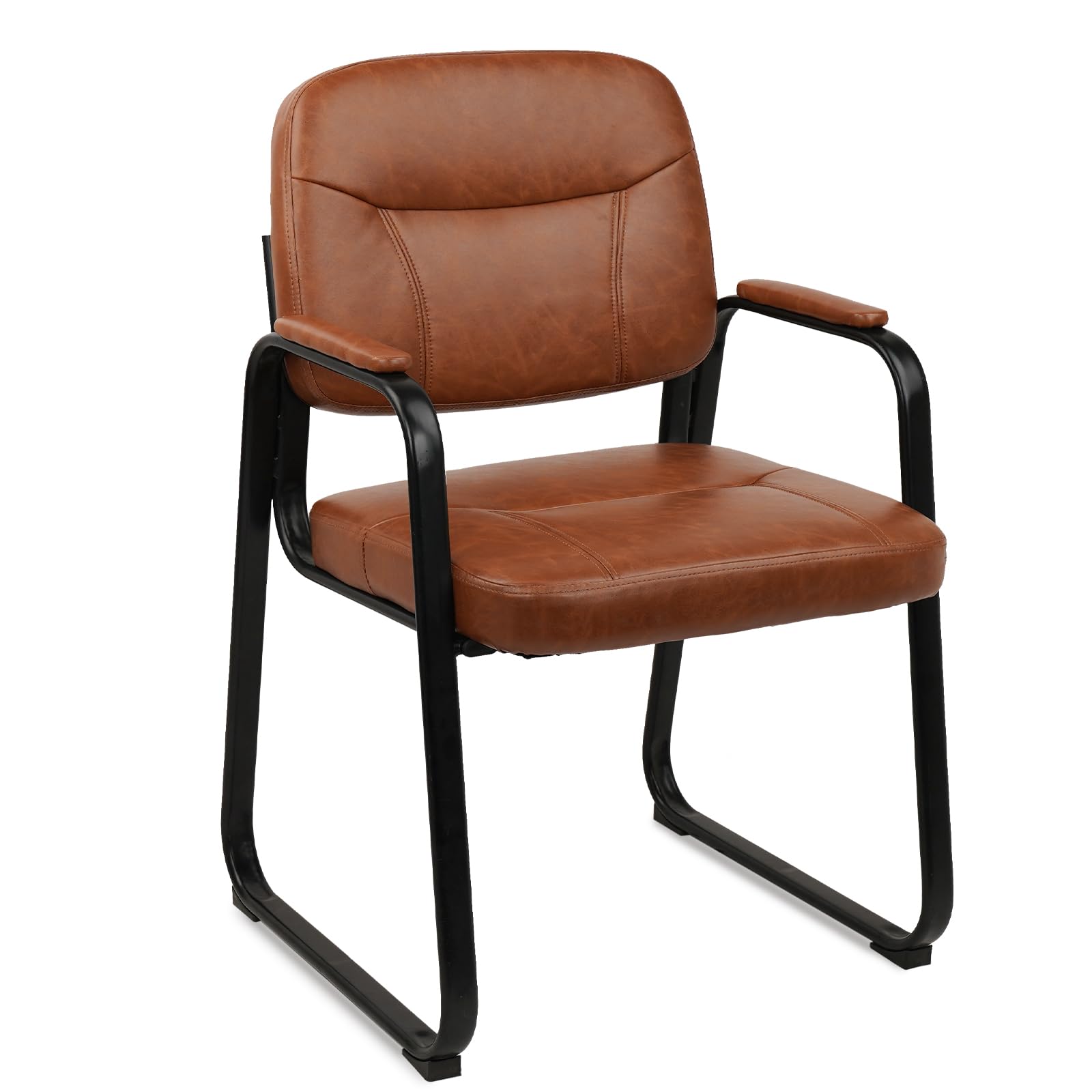 Clatina Waiting Reception Chairs No Wheel, Leather Guest Chair with Padded Arms, Modern Brown Office Desk Chairs with Sled Base for Office