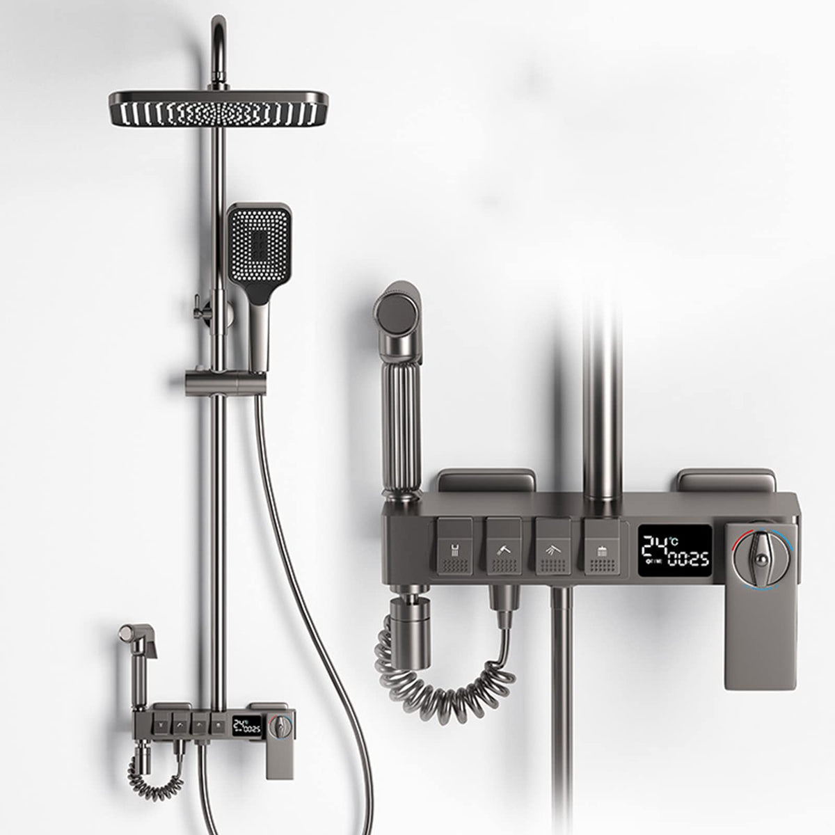 Bathroom Shower Faucet Set Thermostatic Digital Display Rainfall Shower System Shower Fixture with Spray Wall Mount Brass Bathtub Faucet with Handheld Shower (Gray)