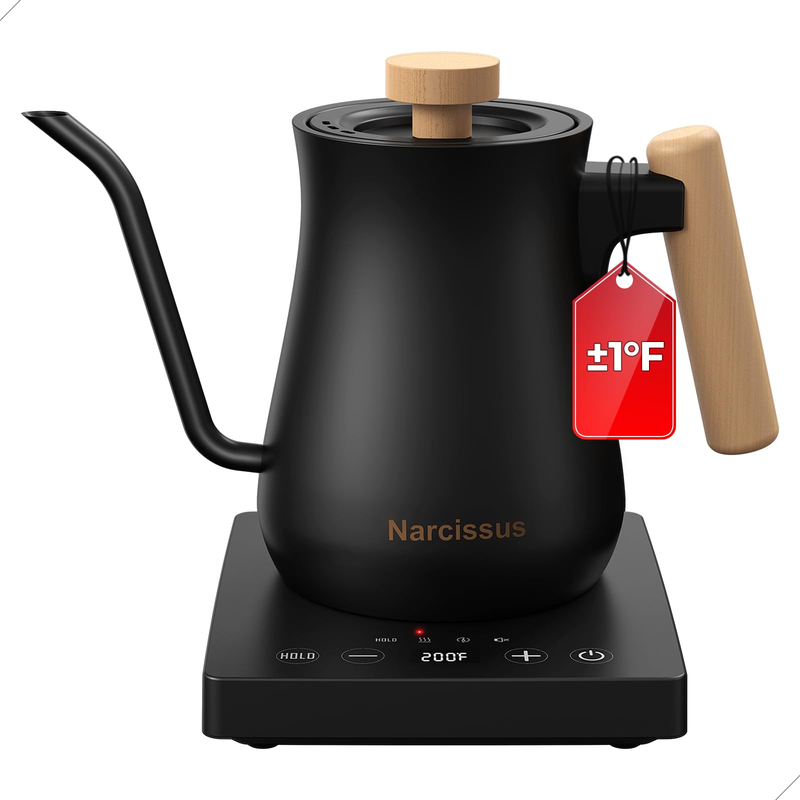 Narcissus P901 Gooseneck Electric Kettle with ±1? Temperature Control Function, 1200 Watt Rapid Boiling in 5 Mins, Max 6 Hours Keeping Warm, 304 Stainless Steel Interior, BPA Free, Black