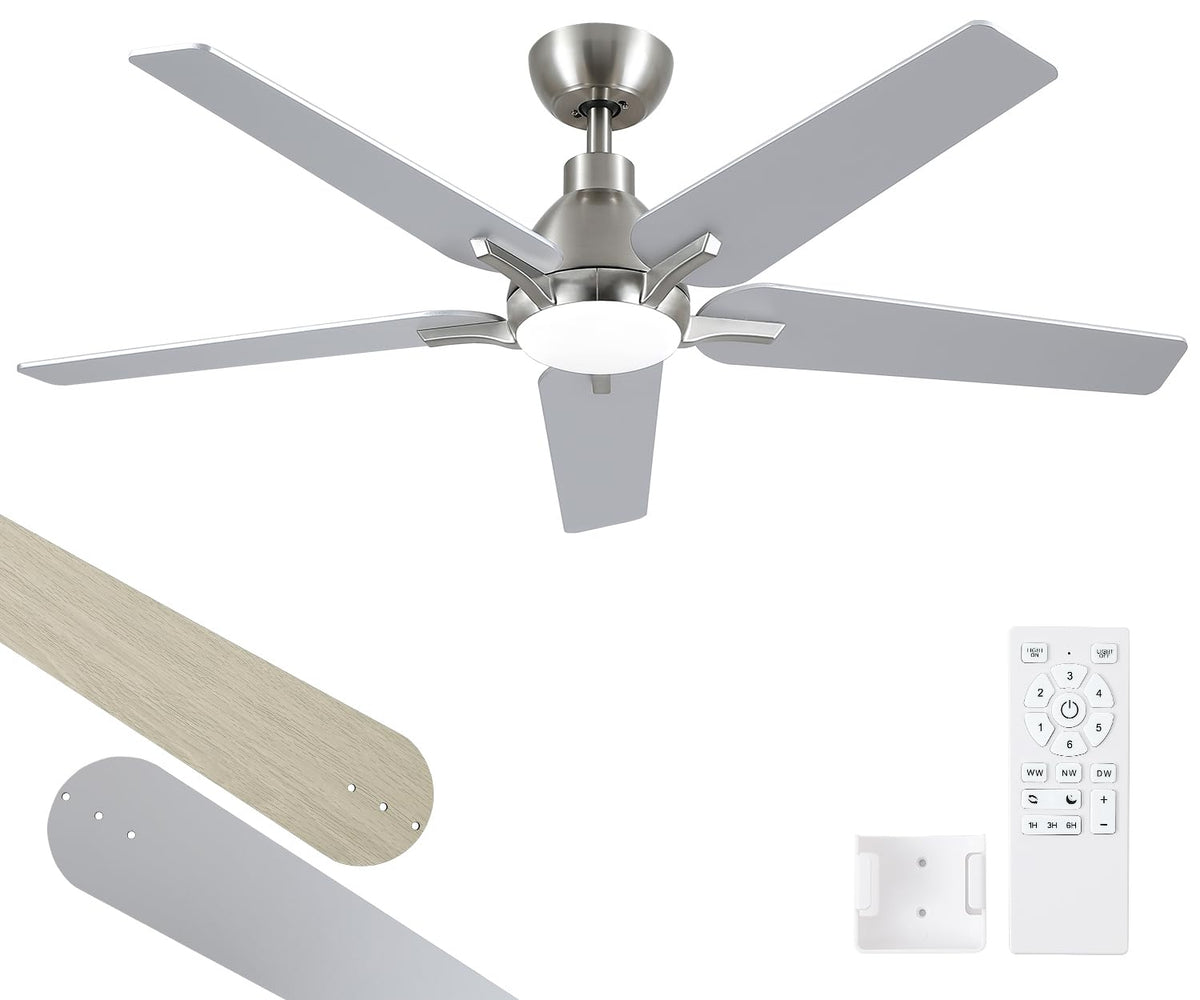 52 Inch Ceiling Fans with Lights: Brushed Nickel Ceiling Fan with Light and Remote for Bedroom Living Room Dining room Patio, 3CCT Dimmable 6 Speeds Reversible Quiet DC Motor
