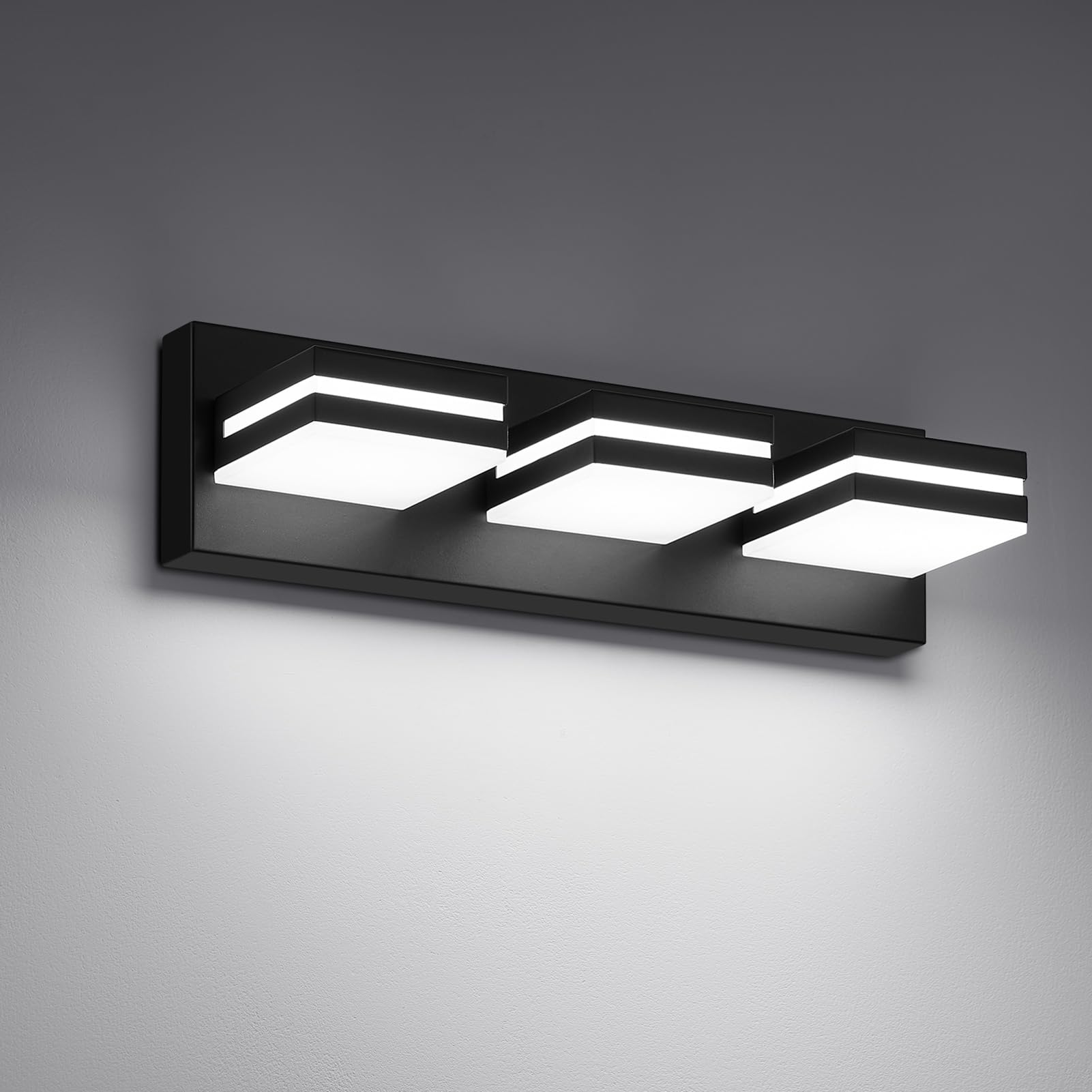 Modern LED Small Bathroom Lights Fixtures 3-Light,Metal Black Acrylic Wall Lighting,Vanity Lights for Bathroom Over Mirror 6000K 16in