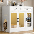 Cat Litter Box Enclosure Furniture with Glass Doors & LED Light, Large Hidden Litter Box Cabinet with Drawers and Adjustable Shelf, Modern Cat Litter Box Cover Side Entry for Living Room Bedroom,White