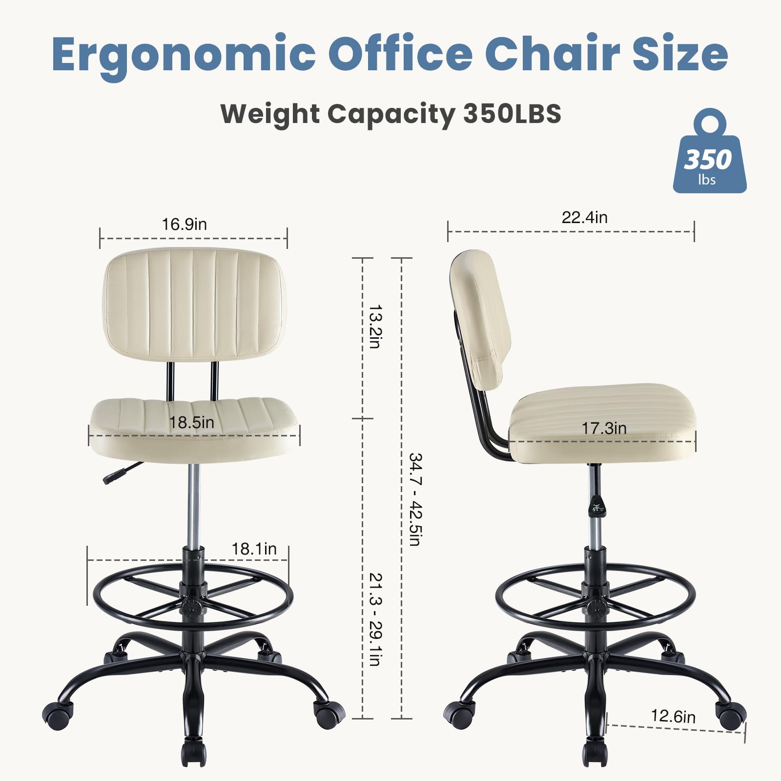Dumos Armless Drafting Chair, Standing Desk Chair, Rolling Stool, Modern Beige