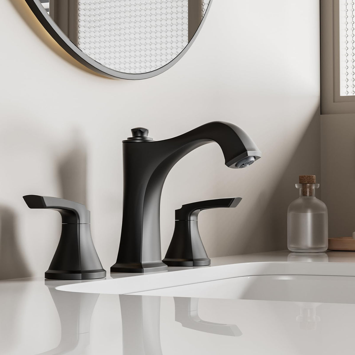 Matte Black Bathroom Faucet 3 Hole, Sanliv Widespread Bathroom Sink Faucet with Pop-Up Drain, 2 Handles Modern Vanity Faucet for 4-8 Inch Wide Spread Sinks, ?Matte Black