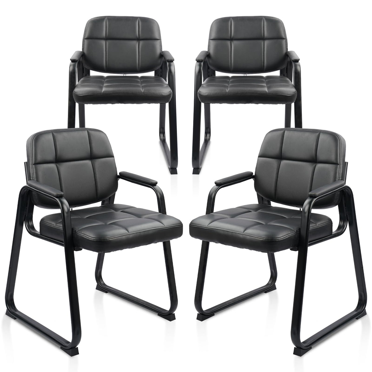 Clatina Waiting Room Guest Chair with Bonded Leather Padded Arm Rest for Office Reception and Conference Desk Black with Sled Base 4 Pack