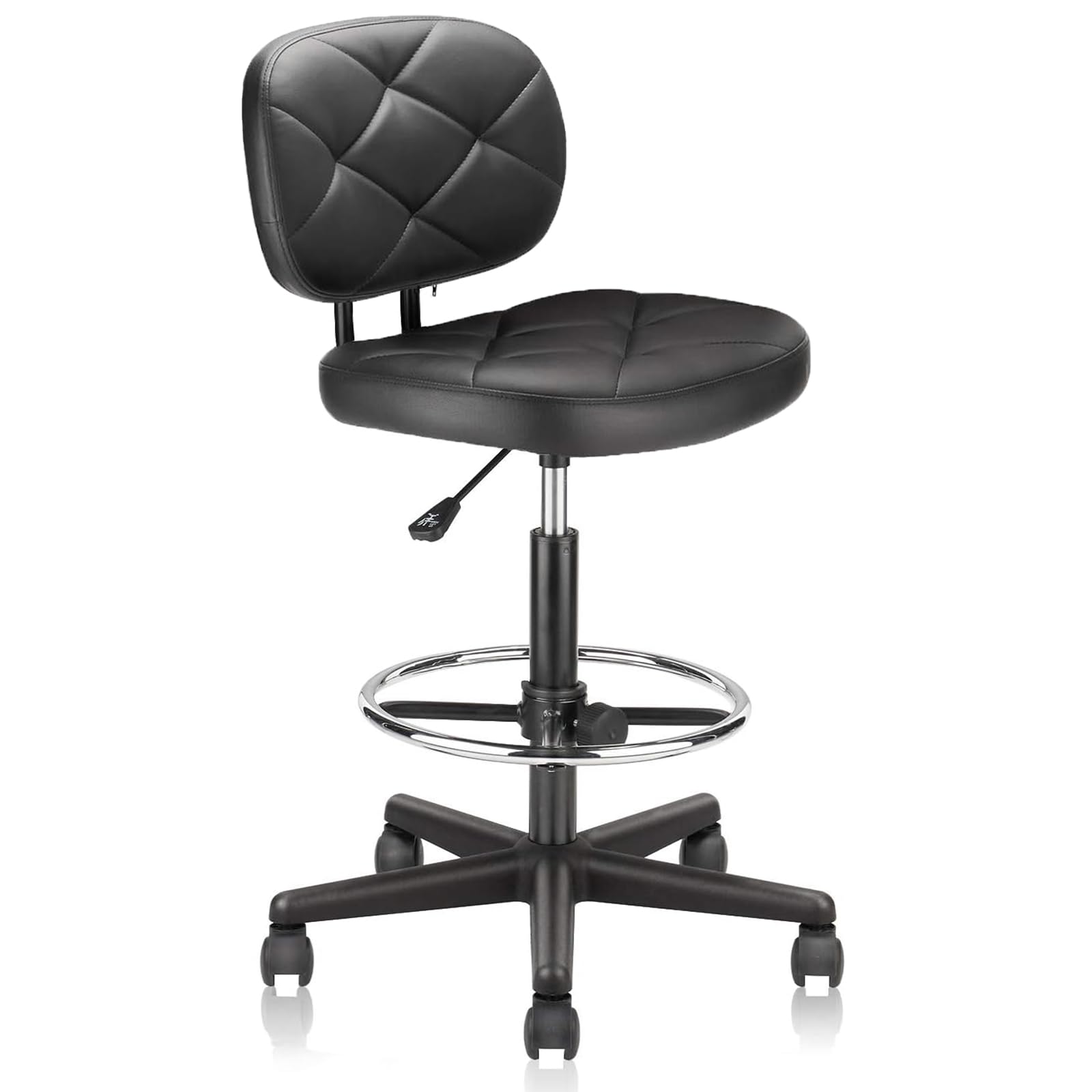 Klasika Pu Leather Rolling Bar Stool with Wheels and Back, Tall Drafting Stool with Adjustable Height and Footrest, Multi-purpose Office Desk