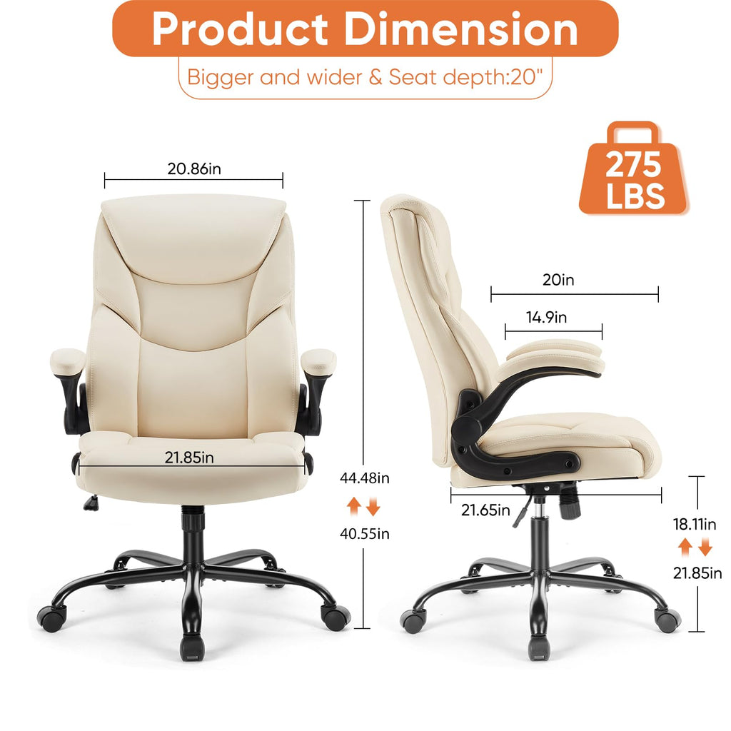 Sweetcrispy Home Office Desk Chairs, High Back Pu Leather Chair, Medium (M), Beige