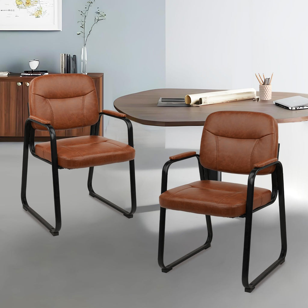 Clatina Leather Office Guest Waiting Room Chair with Sled Base, Reception Chair No Wheels with Armrests and Lumber Support, Stationary Desk