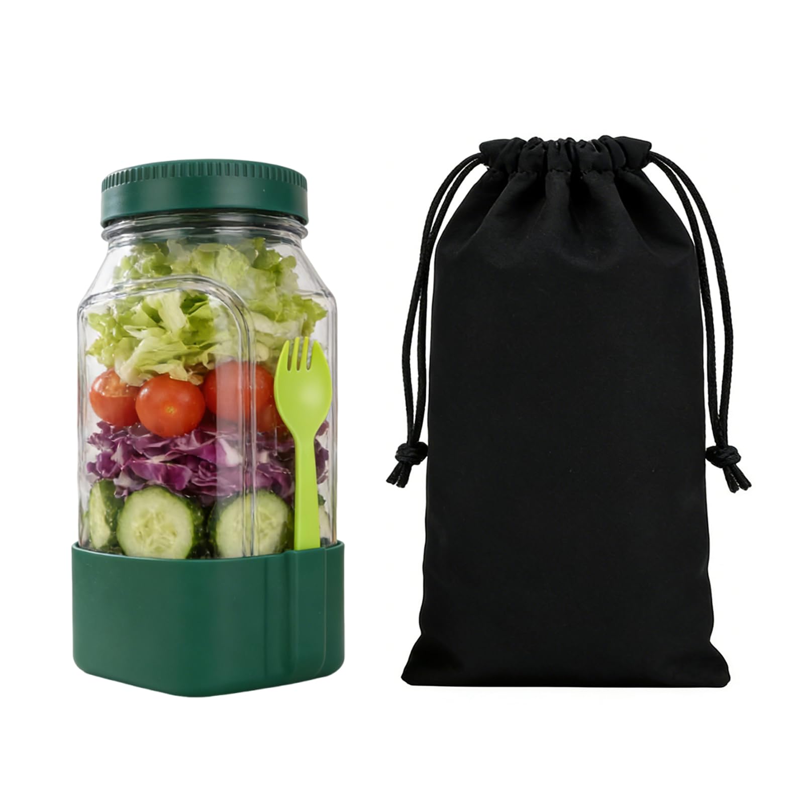 Salad Jar with Built-in Fork & Storage Bag, Salad Bowls to Go for Lunch, Leakproof Base, Thickened Meal Prep Bowl, On-the-Go Salad Kit