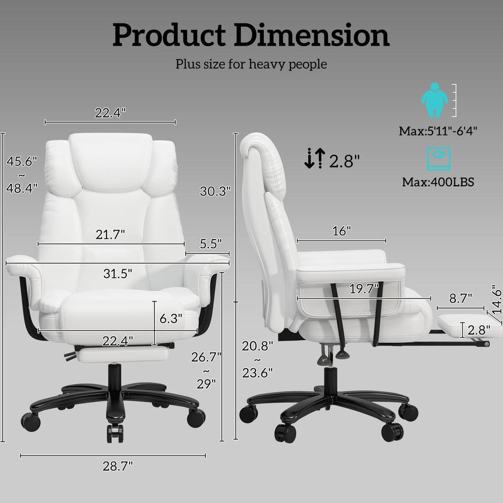 Gyi 160 Reclining Office Chair with Footrest, Big & Tall Desk Chair, White, 22.4 inches x 19.7 inches x 45.6 inches