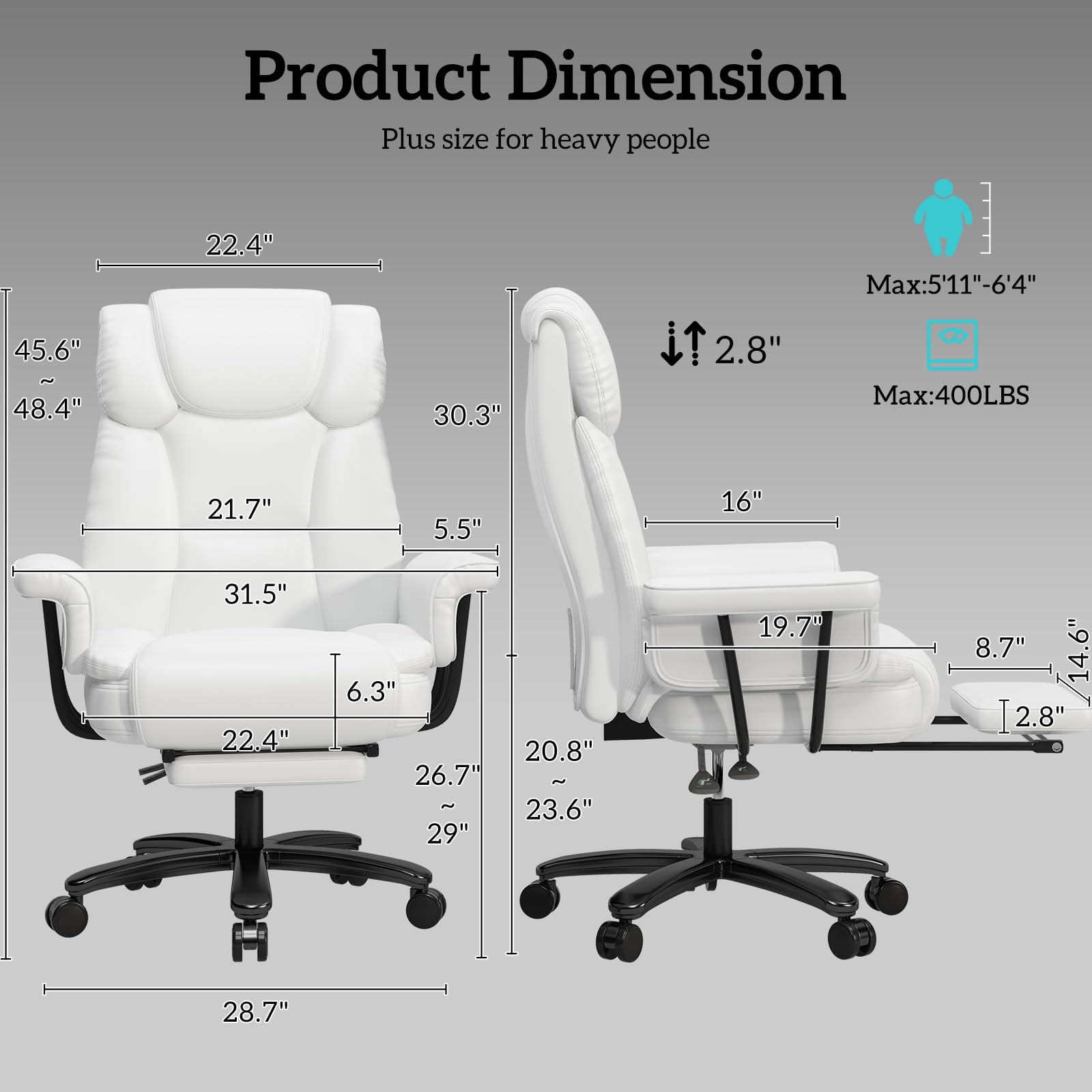 Gyi 160 Reclining Office Chair with Footrest, Big & Tall Desk Chair, White, 22.4 inches x 19.7 inches x 45.6 inches