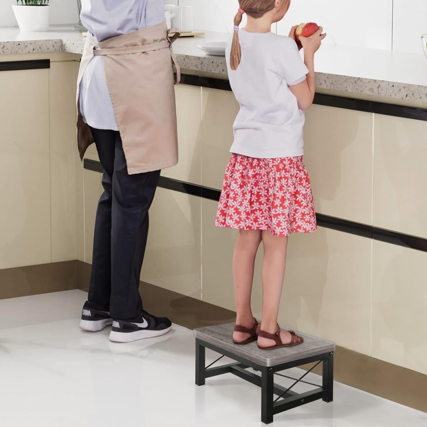 Yinmit Wooden Step Stool for Adults, 8 Inch Bed Step Stool for High Beds, Gray 1 Tier
