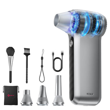 Electric Air Duster 200000RPM Brushless Motor, Cordless Compressed Air Blower with 4 Nozzles & 2 Brushes, 85m/s Powerful Rechargeable Cleaner for PC, Car, Keyboard & Electronics (Silver)