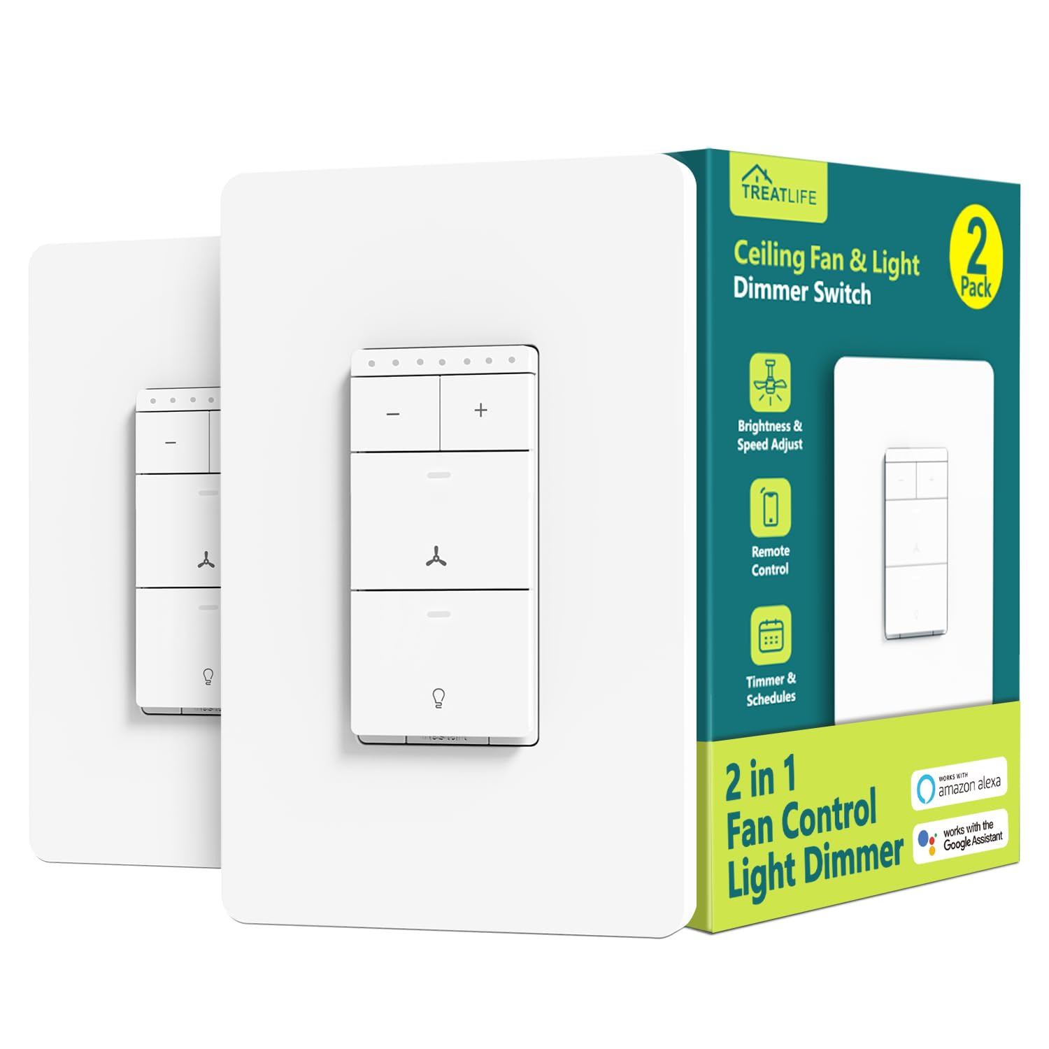TREATLIFE Smart Ceiling Fan Control and Dimmer Light Switch 2Pack, Neutral Wire Needed, 2.4GHz Single Pole Wi-Fi Fan Light Switch Combo Works with Alexa, Google Home and SmartThings, Remote Control