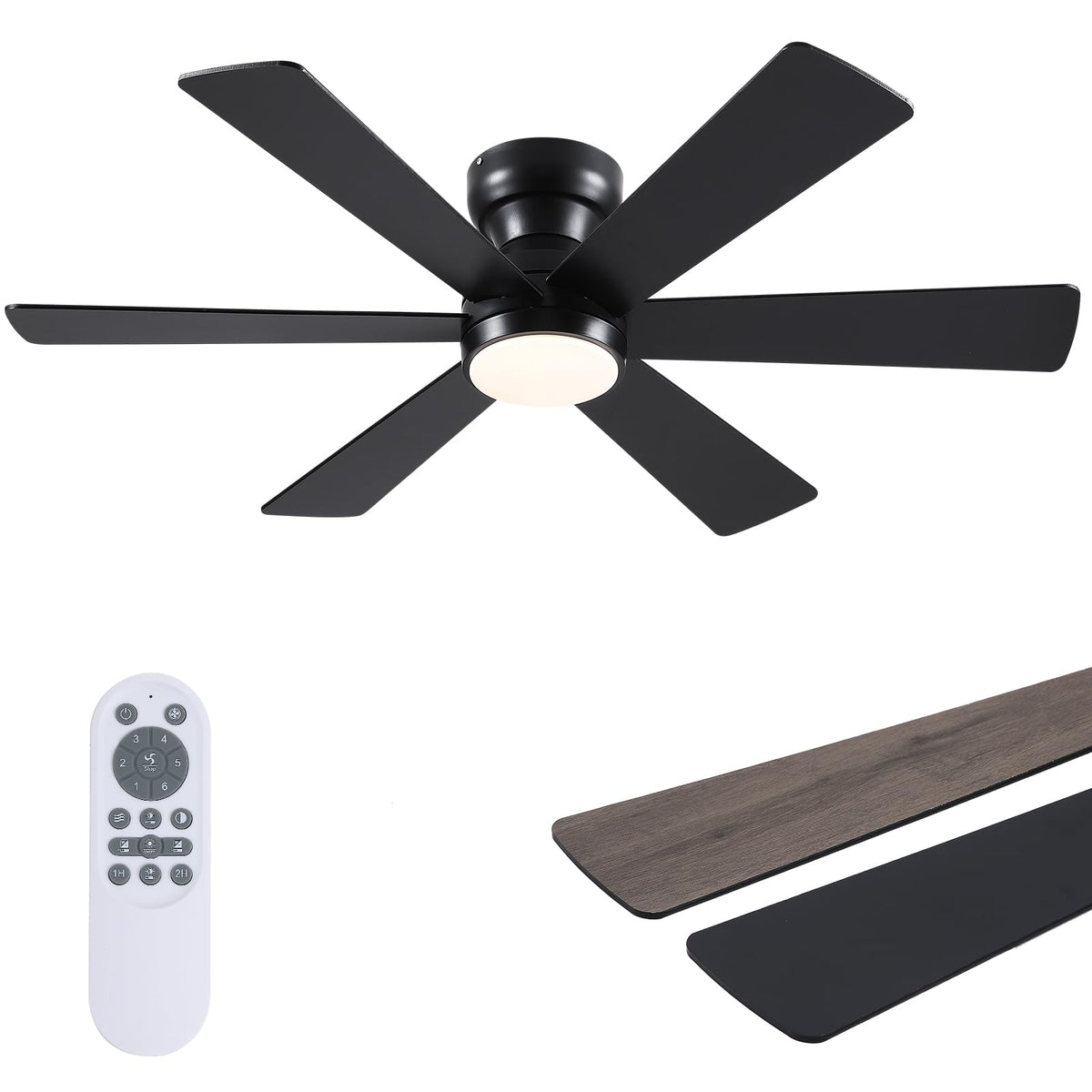 Asyko 46" Low Profile Ceiling Fan with Light and Remote Control,Black Modern Flush Mount Ceiling Fan with Lights for Bedroom, Reversible, Dimmable, Noiseless