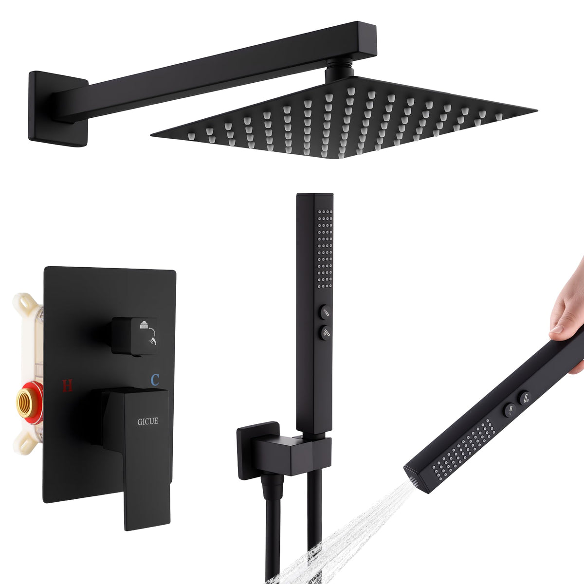 Rainfall Shower System Set, 8'' Matte Black Wall Mounted Square Shower Head with 2-Spray Handheld Sprayer, Anti-Chip Brass & 304 Stainless Steel Faucet Trim Kit (With Integrated Mixer Valve)