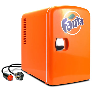 Fanta Mini Fridge - 6 Can Refrigerator for Bedroom Office, Portable Table Top Beverage Cooler, 12V 110V Refrigerador For Drinks, Soda, Wines, Use In Car, Dorm, Outdoor, Patio