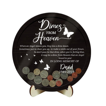 Personalized Dimes From Heaven Memorial Coin Holder, Sympathy Gift Pennies from Heaven Bank Wood Piggy Bank Paradise Bank Shadow Coin Bank Piggy Bank Memorial Gift for Men Women Home Decor Coin Box