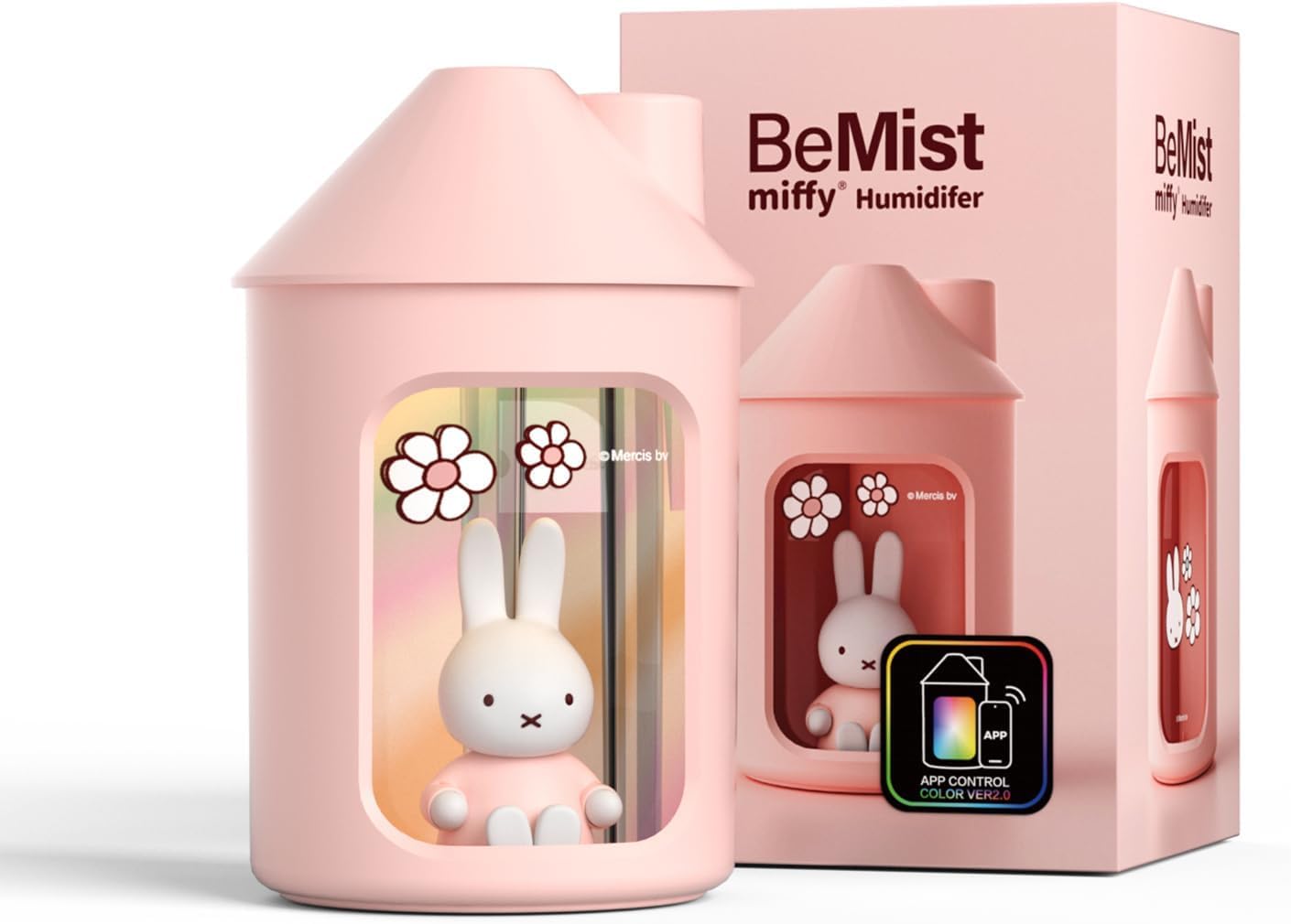 Mipow X Miffy 2.0 Humidifier, Smart App Control RGB LED Night Light, Dual Spray Ultrasonic Cool Mist Humidifier, 500ml Portable Quiet Humidifier for Bedroom Office Nursery,Pink Ideal Gift